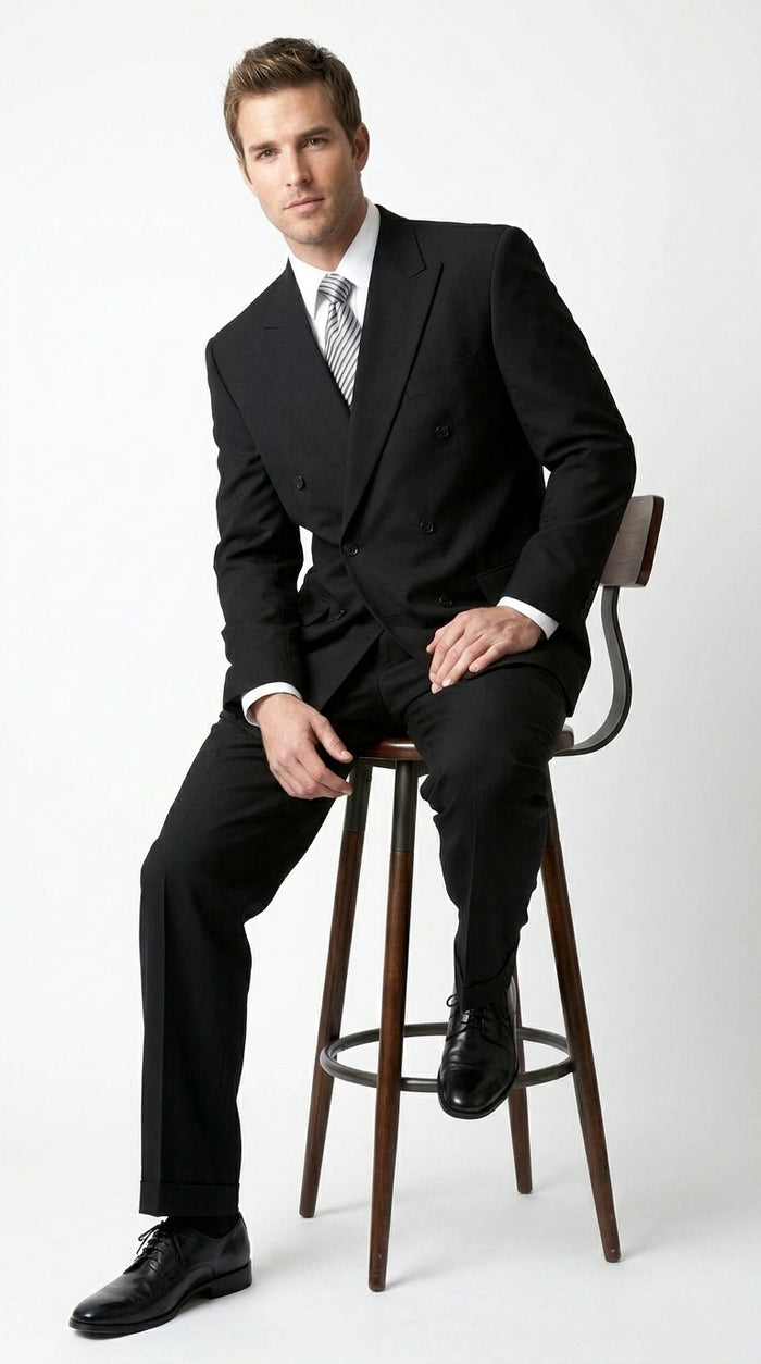 Brand New Solid Black Double Breasted Suit 100% Wool Fabric Super 150s Wide Suits Side Vent (pleated or Flat Front Pants)