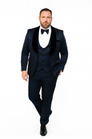 Mens Navy Blue Jacquard Tuxedo with Black Velvet Shawl Lapel  3 Piece Formal Suit with Bow Tie