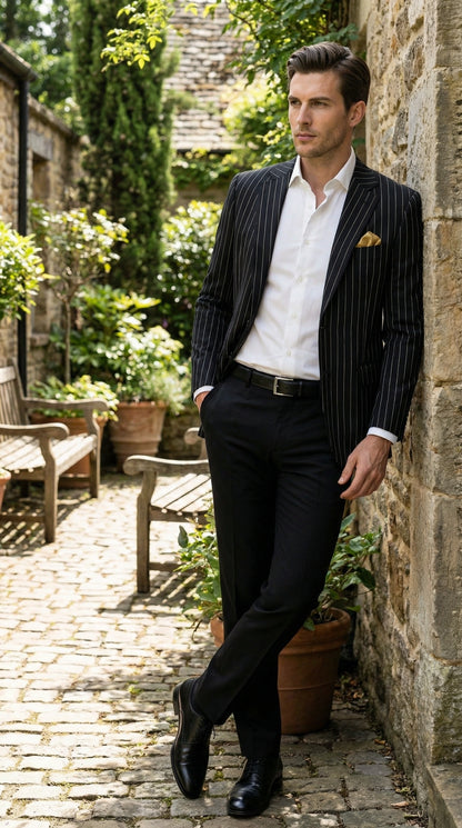 Men’s Black Pinstripe Blazer – Classic Tailored Formal Jacket for Business, Office and Evening Wear