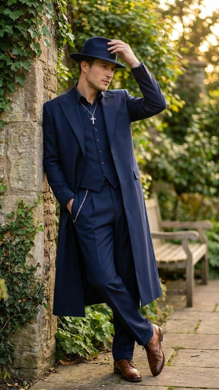 Men's Navy Blue 1920s Zoot Suit Long Mafia Gangster Three-Piece Vintage Costume Set Zuit Pachuco Style