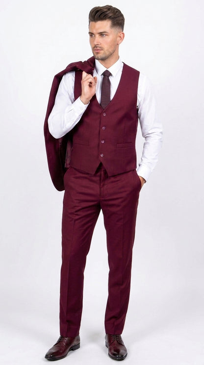 Men’s Stacy Adams Brand Burgundy 3 Piece Suit – Two Button Vested Style church wedding Modern Fit Suit