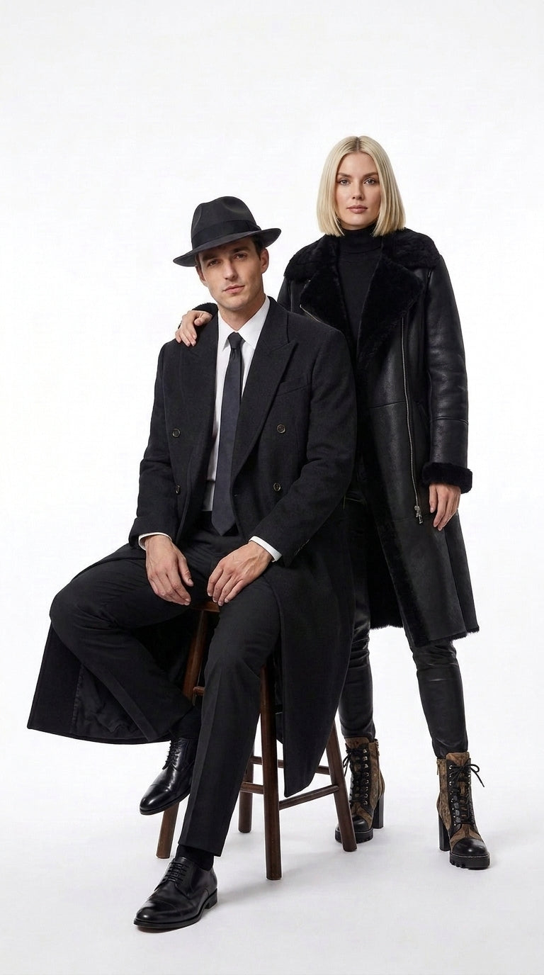 Men’s Godfather Black Double-Breasted Long Overcoat – Vintage Mobster Gangster Coat