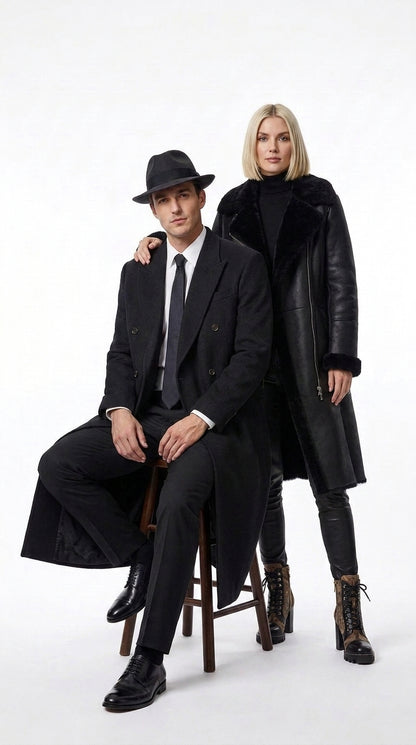 Men’s Godfather Black Double-Breasted Long Overcoat – Vintage Mobster Gangster Coat