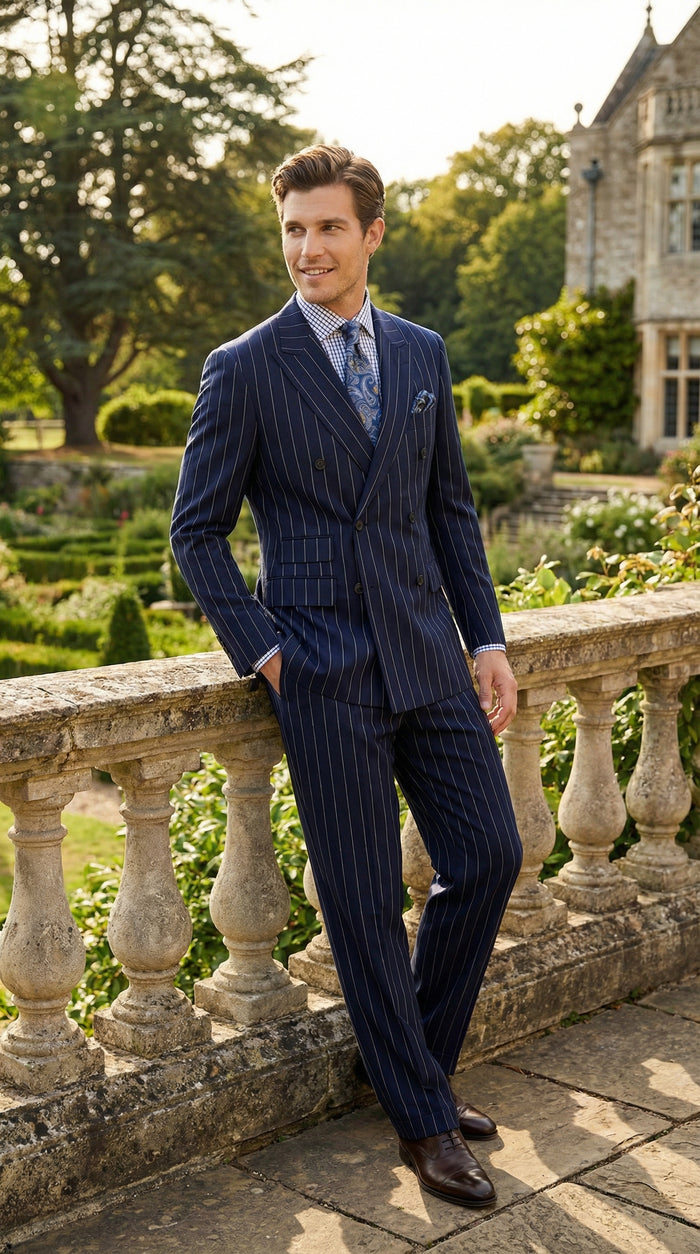 Men's Navy Blue Double Breasted Pinstripe Suit – Modern Fit By