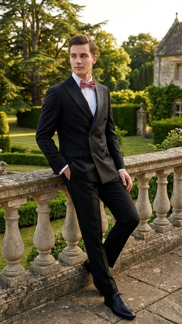 Tiglio Brand 100% Wool Super 150s Italian fabric Mens Classic Black Double-Breasted Tuxedo with Satin Peak Lapel  Formal Wedding & Gala Suit Set