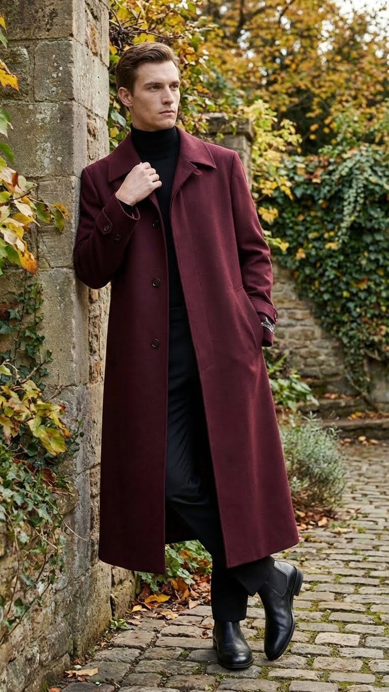 Mens Full-Length Burgundy Overcoat  Microfiber 4 season fabric  Long Formal Coat with Classic Tailored Maxi Duster Coat