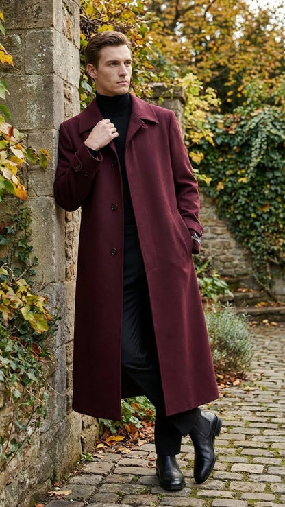 Mens Full-Length Burgundy Overcoat  Microfiber 4 season fabric  Long Formal Coat with Classic Tailored Maxi Duster Coat