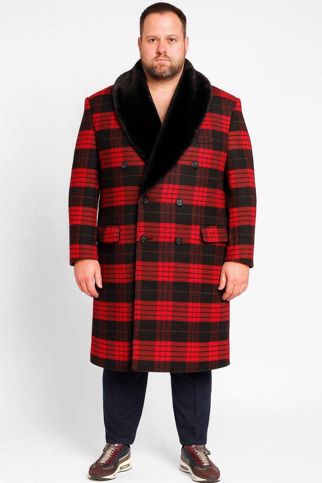 Mens Red and Black Plaid Wool Overcoat with Black Faux Fur Shawl Collar  Double-Breasted Winter Coat - Tartan Design