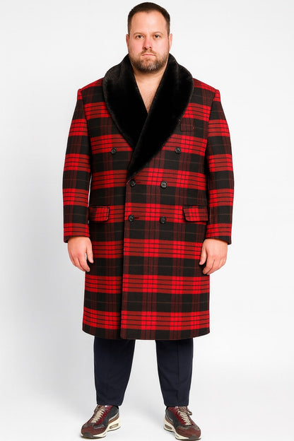 Mens Red and Black Plaid Wool Overcoat with Black Faux Fur Shawl Collar  Double-Breasted Winter Coat - Tartan Design