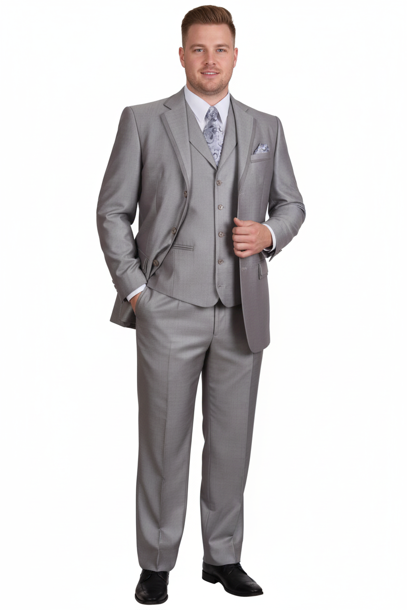 Mens Light Gray 3-Piece Modern Fit Suit with Vest  Classic Formal Business and Wedding Attire