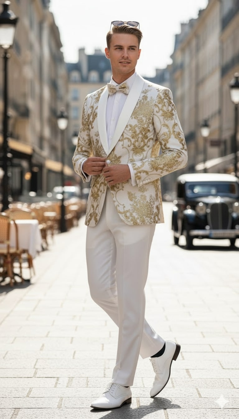 Mens White and Gold Floral Tuxedo Jacket with Satin Lapel  Luxury Prom, Wedding and Formal Dinner Blazer