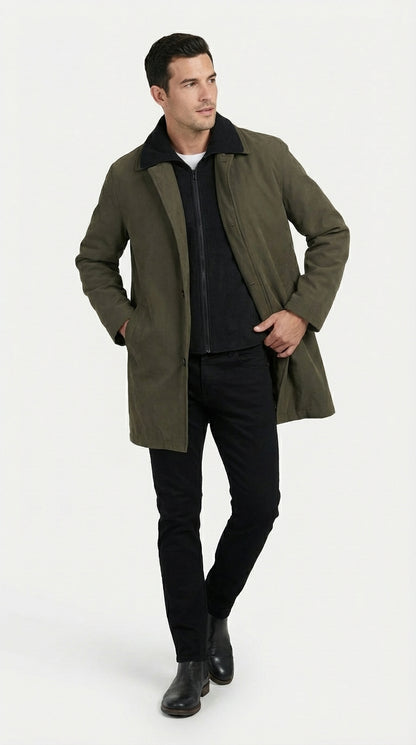 Mens Olive Brown Trench Coat Raincoat – Classic Water Resistant Long Coat with Zip and Button Closure for Business, Travel and Everyday Outerwear