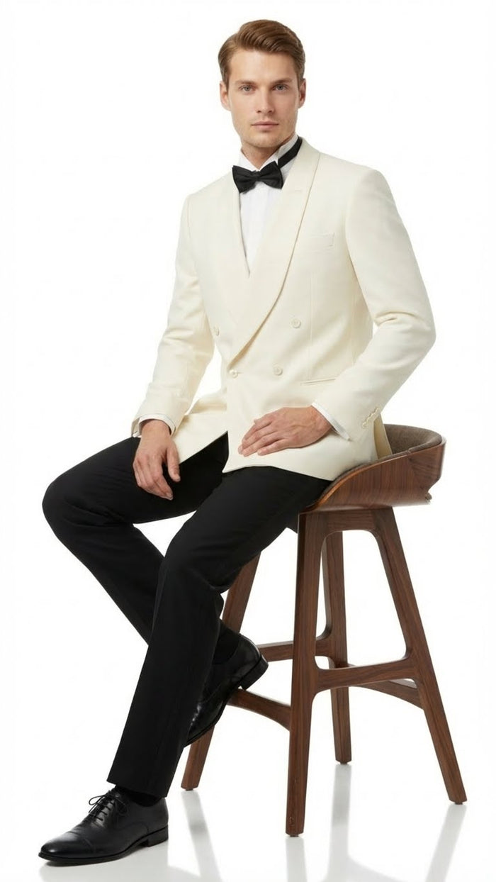Mens Ivory Double-Breasted Shawl Lapel Tuxedo Jacket | Premium Formal Dinner Jacket for Weddings and Black-Tie Events