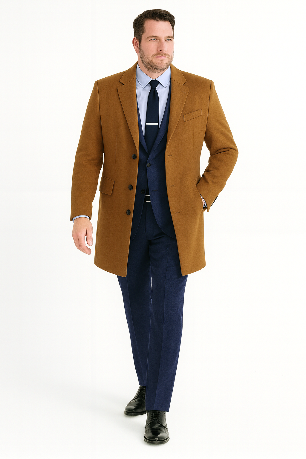 Men’s Camel Brown Wool Overcoat – Classic Long Dress Coat for Business and Casual Wear in Vecuna Color