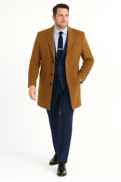 Mens Camel Brown Wool Overcoat  Classic Long Dress Coat for Business and Casual Wear in Vecuna Color