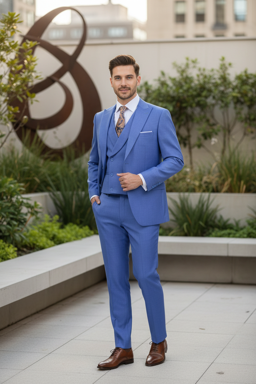 Mens Light Blue Double-Breasted 3-Piece Suit Set  Tailored Fit Formal Business Suit in Steel Blue Sky Blue Color
