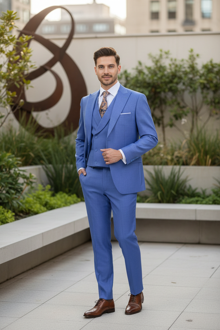 Mens Light Blue Double-Breasted 3-Piece Suit Set  Tailored Fit Formal Business Suit in Steel Blue Sky Blue Color