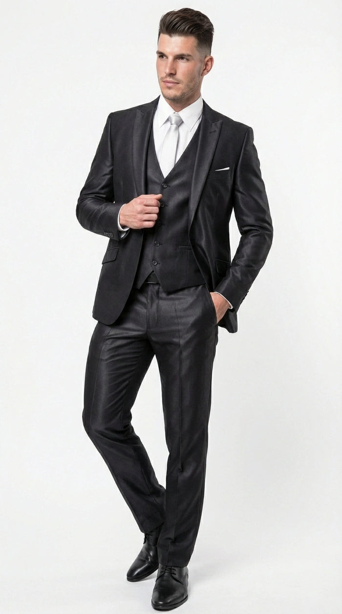 Men’s Black Three Piece Suit – Modern Fit 3PC Formal Suit with Vest for Weddings, Prom and Business Events Sharkskin Shiny Fabric