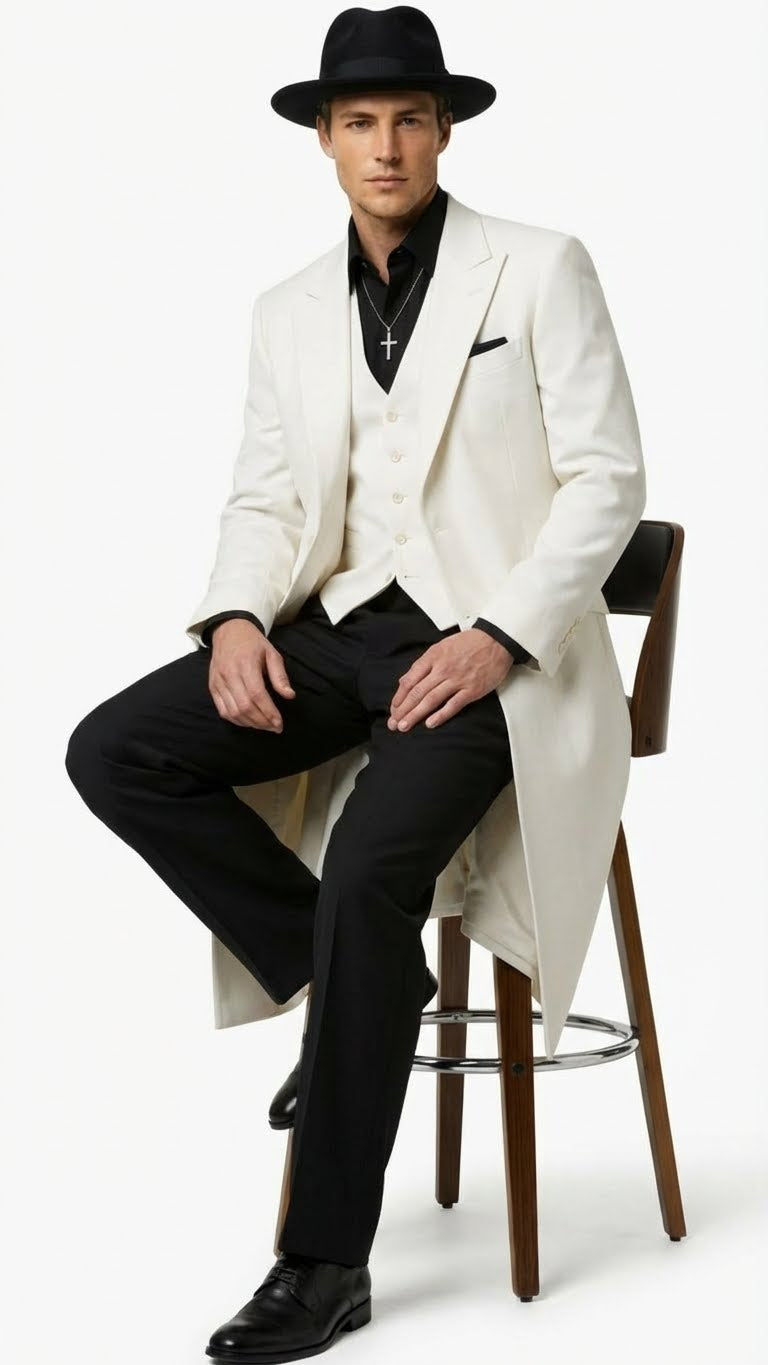 Mens White Long Zoot Suit Costume Set with Black Pants – Wedding, Prom and Party Outfit 1920s - 1930s Gangster Style