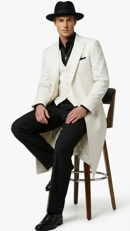 Mens White Long Zoot Suit Costume Set with Black Pants – Wedding, Prom and Party Outfit 1920s - 1930s Gangster Style