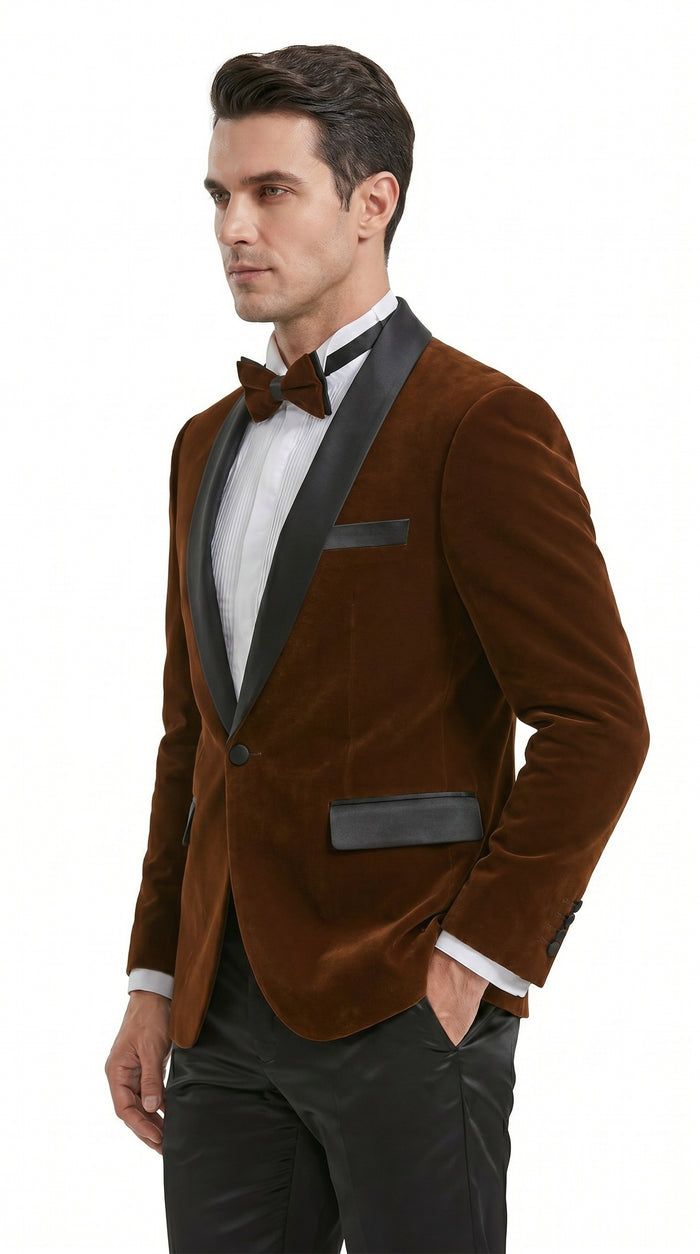Men’s Brown Camel Bronze Velvet Tuxedo Jacket, Shawl Lapel Wedding Prom Dinner Blazer - Blazer Sportcoat