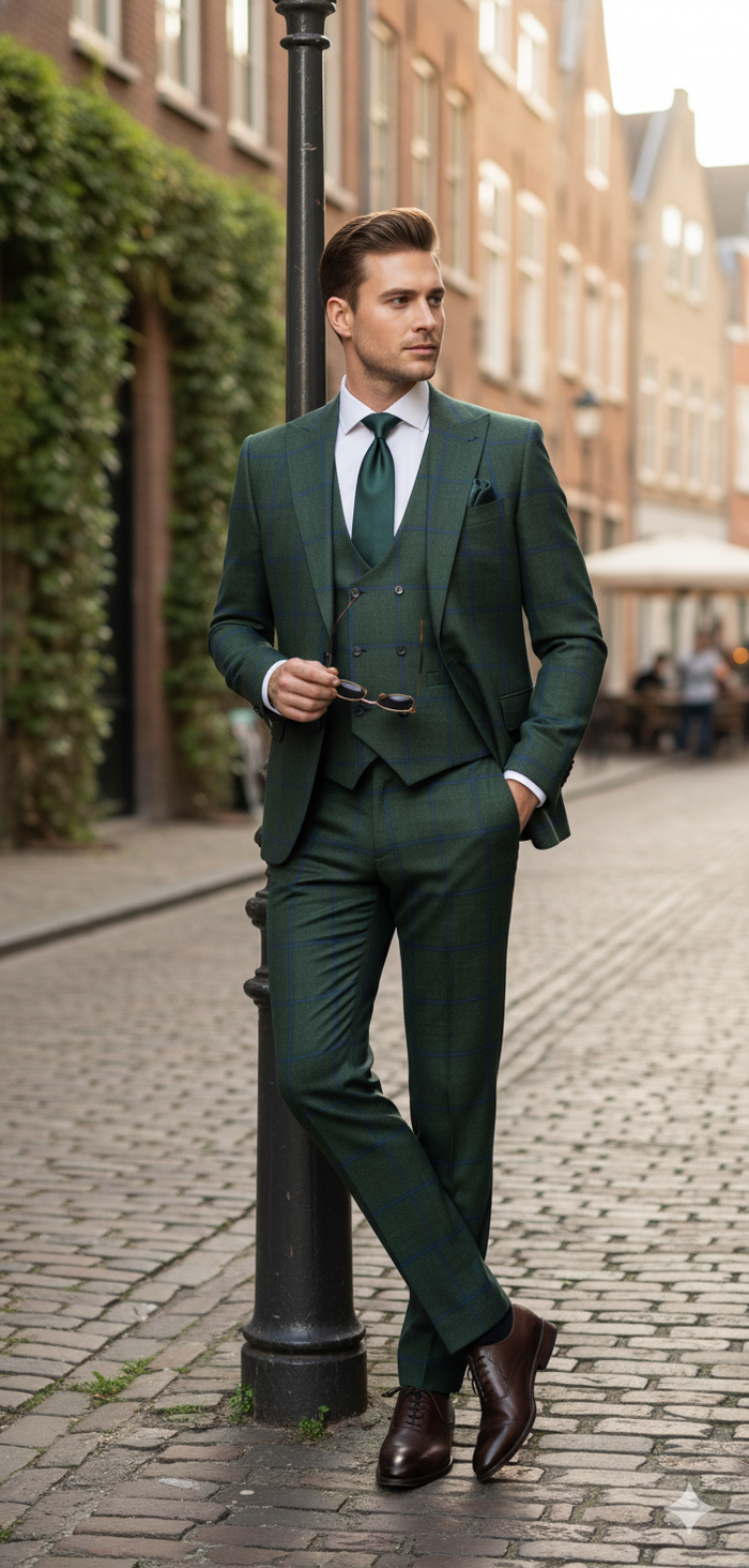 Mens Green Plaid 3-Piece Suit  Classic Check Slim Fit Suit for Weddings, Church, and Formal By Rossiman