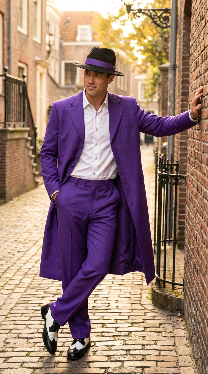 Purple Zoot Suits for Men | Classic Mafia & Gangster Style Long Coat Suit | Vintage 1920s–1940s Formal Outfit