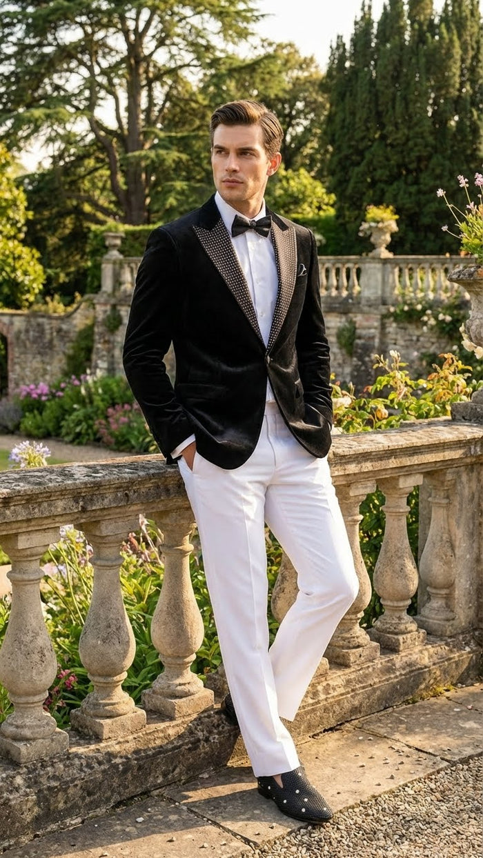 Mens Black Velvet Tuxedo Blazer with Studded Lapel  Formal Evening Jacket