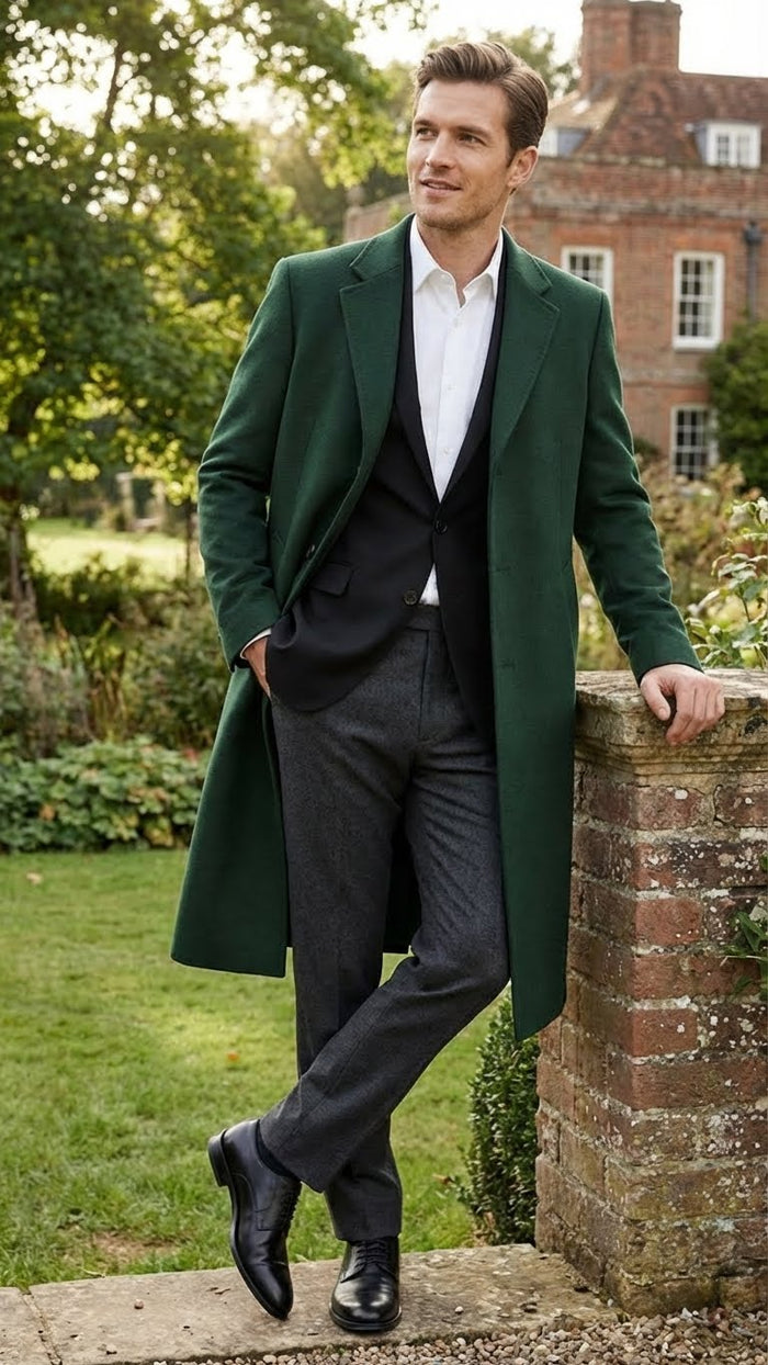 Mens Hunter Green Full-Length Wool Overcoat  Classic Winter Dress Coat for Formal and Casual Wear Topcoat Mens Wintercoat