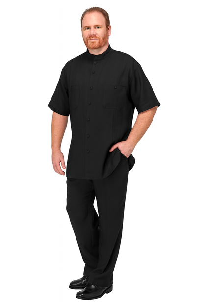 Mens Black Banded Collar Walking Suit  Short Sleeve Shirt and Matching Pants Banded Collar Linen Fabric