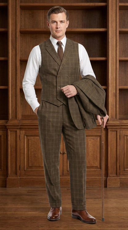 Men’s 1930s Brown Plaid 3 Piece Suit, Vintage Formal Wedding Business Dress Suit Set