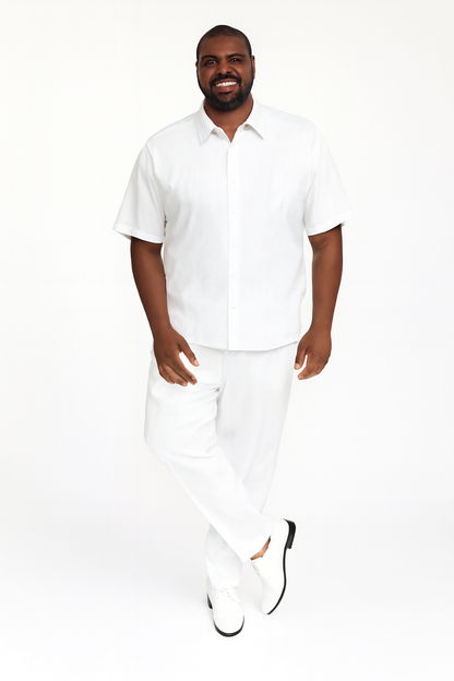 Mens White Embroidered Guayabera Two-Piece Set  Short Sleeve Shirt and Pants