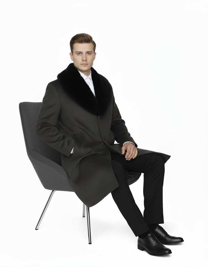 Mens Full Length Olive Overcoat with Black Fur Collar  Luxury Wool Fabric Winter Long Coat in Hunter Green