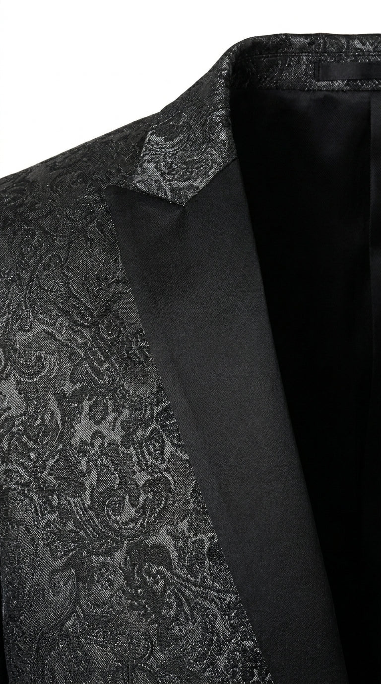 Men’s Black Paisley Wedding and Prom Tuxedo with One Button Jacket, Formal Dinner Suit