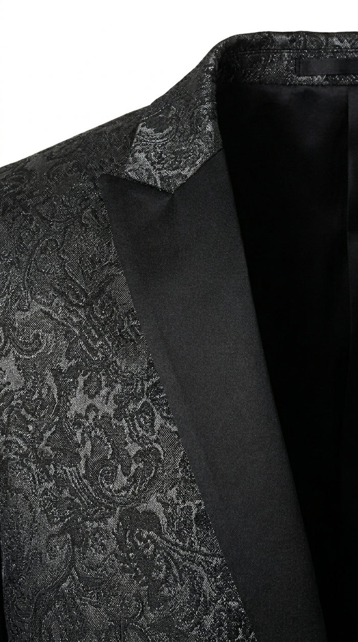Men’s Black Paisley Wedding and Prom Tuxedo with One Button Jacket, Formal Dinner Suit