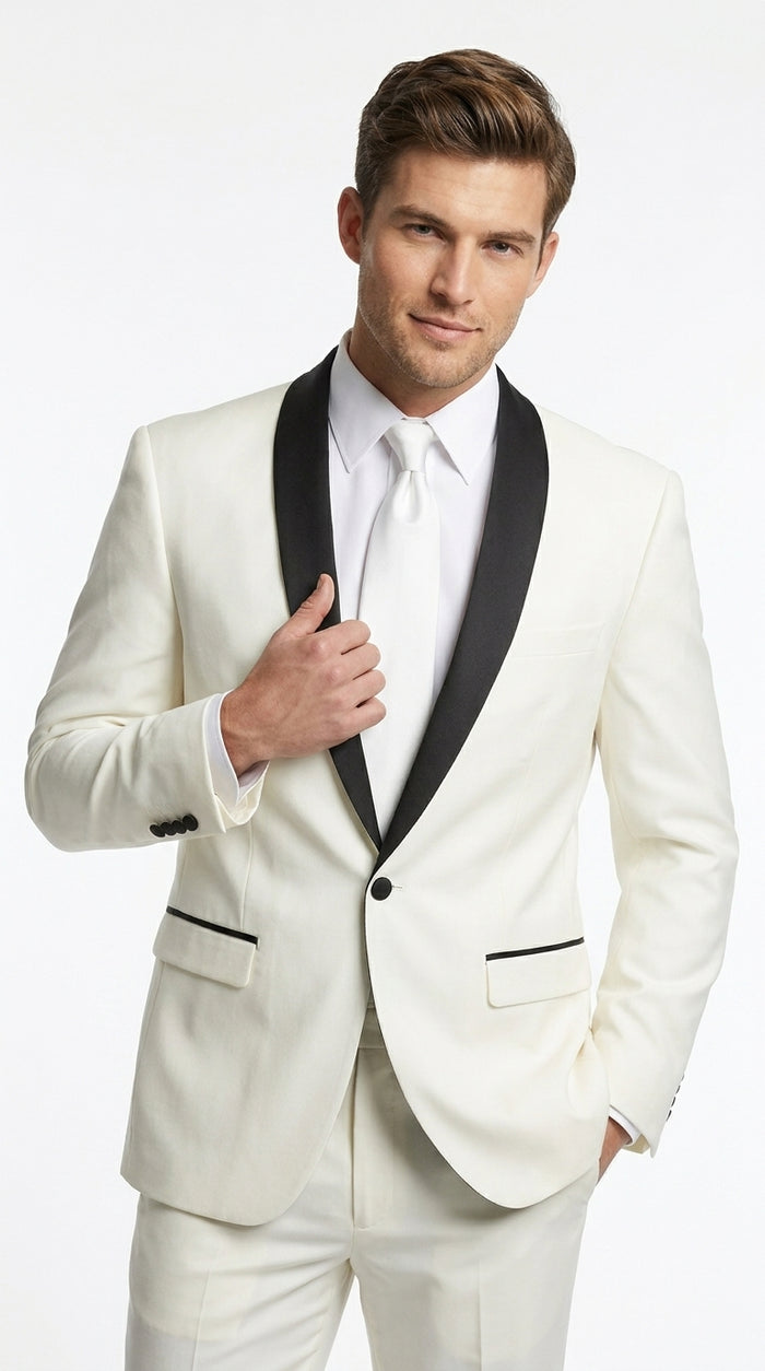 Men’s Ivory and Black Shawl Tuxedo Suit with Jacket and Pants, Formal Wedding Dinner Suit