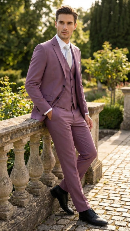 Mens Mauve Three-Piece Suit  Slim Fit Formal Blazer, Vest, and Trousers for Weddings Rose Gold Pinkish Color