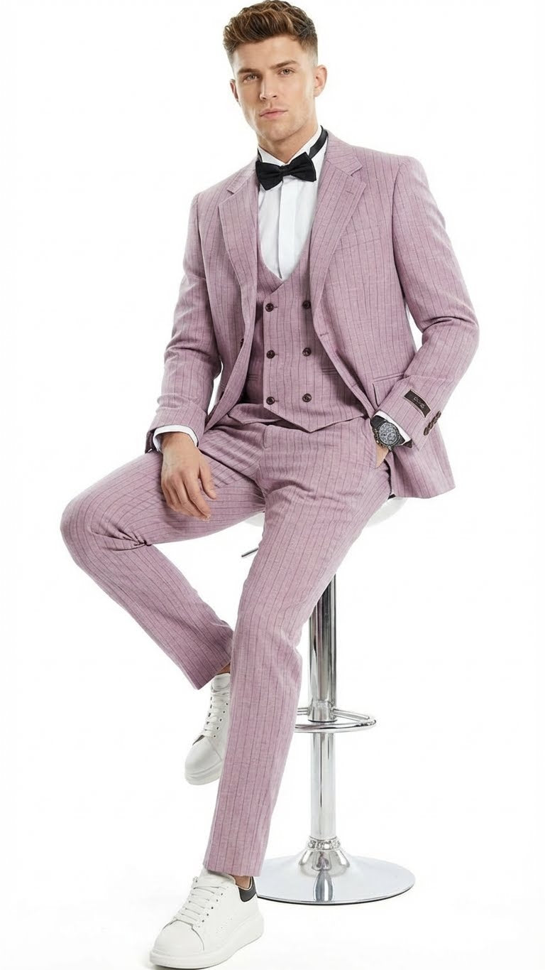 Men’s Dusty Rose Pink Pinstripe Three Piece Suit with Vest | Wedding and Party Formal Wear Prom or Church Suit