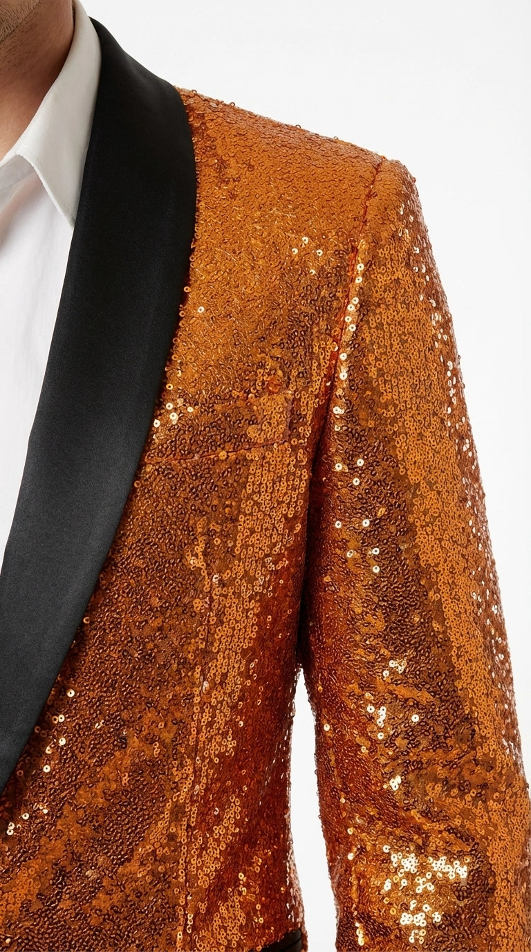 Mens Orange Sequin Tuxedo Suit – Shiny Wedding Suit Set with Black Lapel for Prom, Party, Gala and Formal Evening Wear - Goldish Orange
