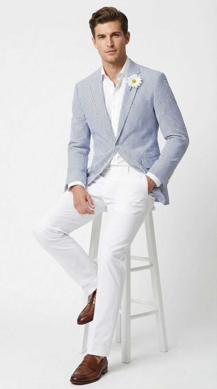 Mens Blue Seersucker Blazer – Lightweight Striped Summer Sport Coat Casual Smart Formal Jacket