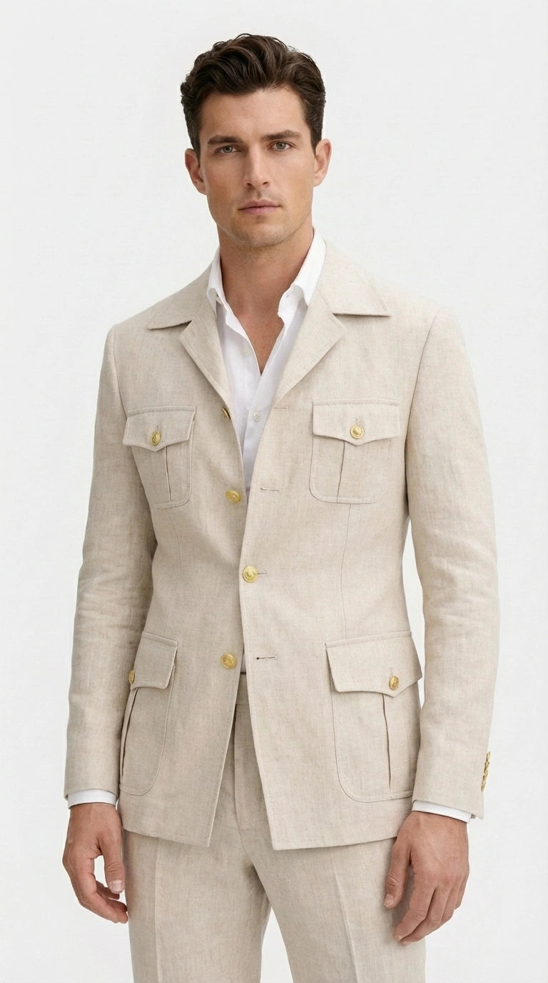 Mens Tan Beige Safari Military Walking Suit Set – Casual Two Piece Outfit Lightweight Summer Blazer and Pants Set Classic Casua Wear