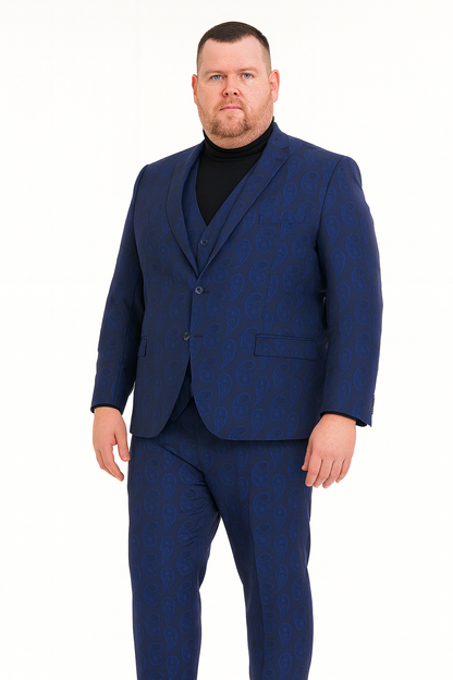 Mens Sapphire Blue Paisley 3-Piece Suit  Slim Fit Designer Tuxedo Set for Weddings and Formal Events in Cobalt Blue Color
