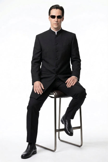 Men’s Black Coat Matrix Keanu Reeves Inspired Long Coat – Classic Mandarin Collar Formal Overcoat, Stylish Winter Trench Coat, Neo Style Jacket