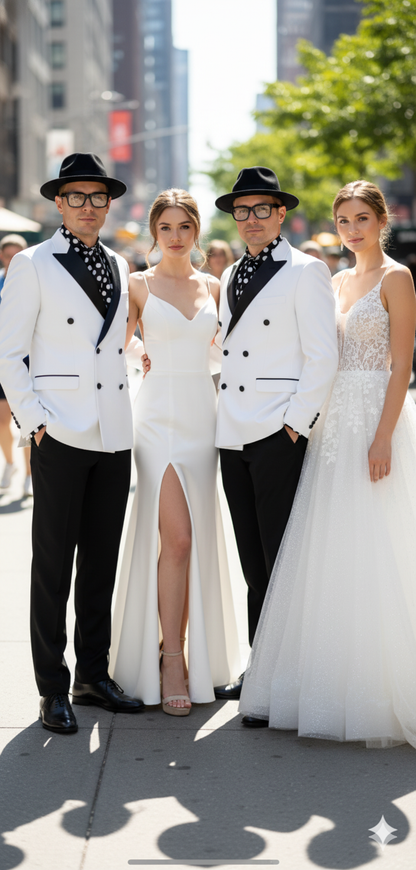 Mens White and Black Double-Breasted Tuxedo  Modern Slim Fit Formal Suit for Weddings, Parties, and Special Occasions