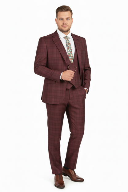 Mens Burgundy Checkered 3-Piece Suit  Windowpane Classic Fit Plaid Blazer with Vest and Pants