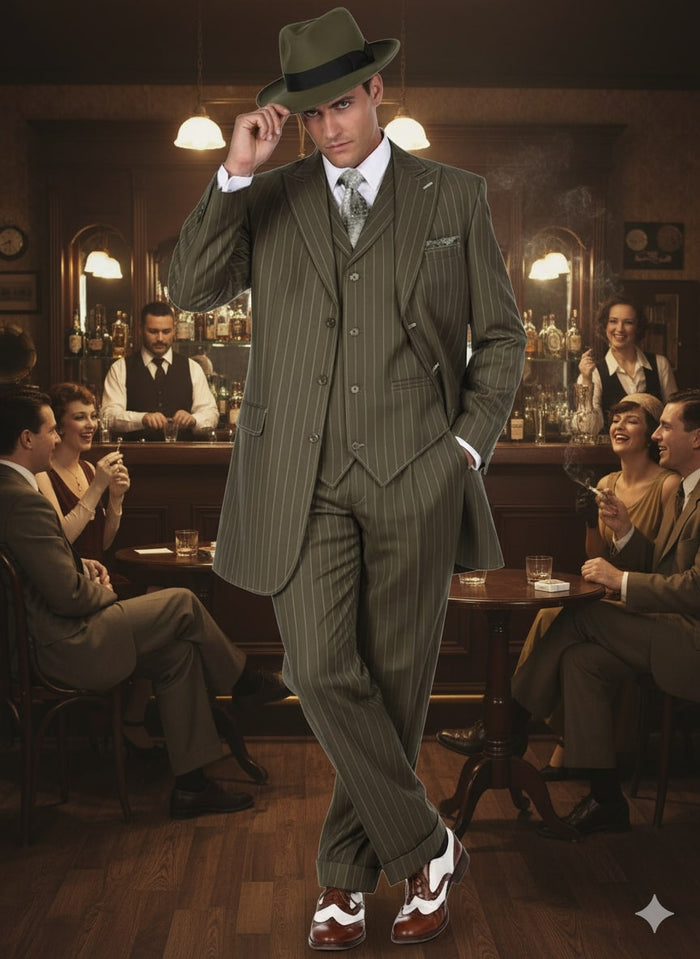 Men's Olive Green Pinstripe Zoot Suit - 1920s Gangster Vintage 3-Piece Suit for Formal and Themed Events