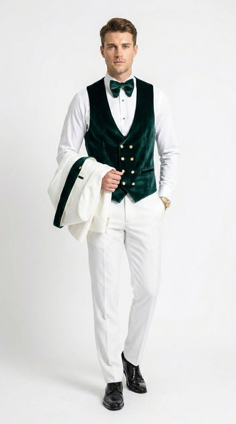 Men’s White and Green Tuxedo Wedding Suit with Shawl Lapel, Velvet Vest and Pants