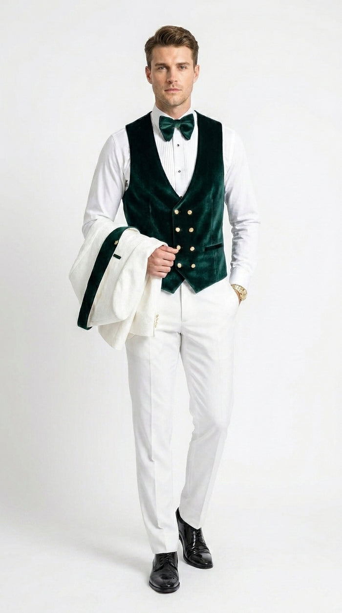Men’s White and Green Tuxedo Wedding Suit with Shawl Lapel, Velvet Vest and Pants