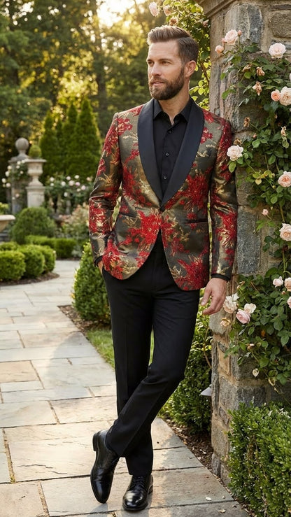 Mens Red and Gold Floral Pattern Paisley  Shawl Lapel | Luxury Evening and Party Wear Jacket Prom Christmas New Year Blazer