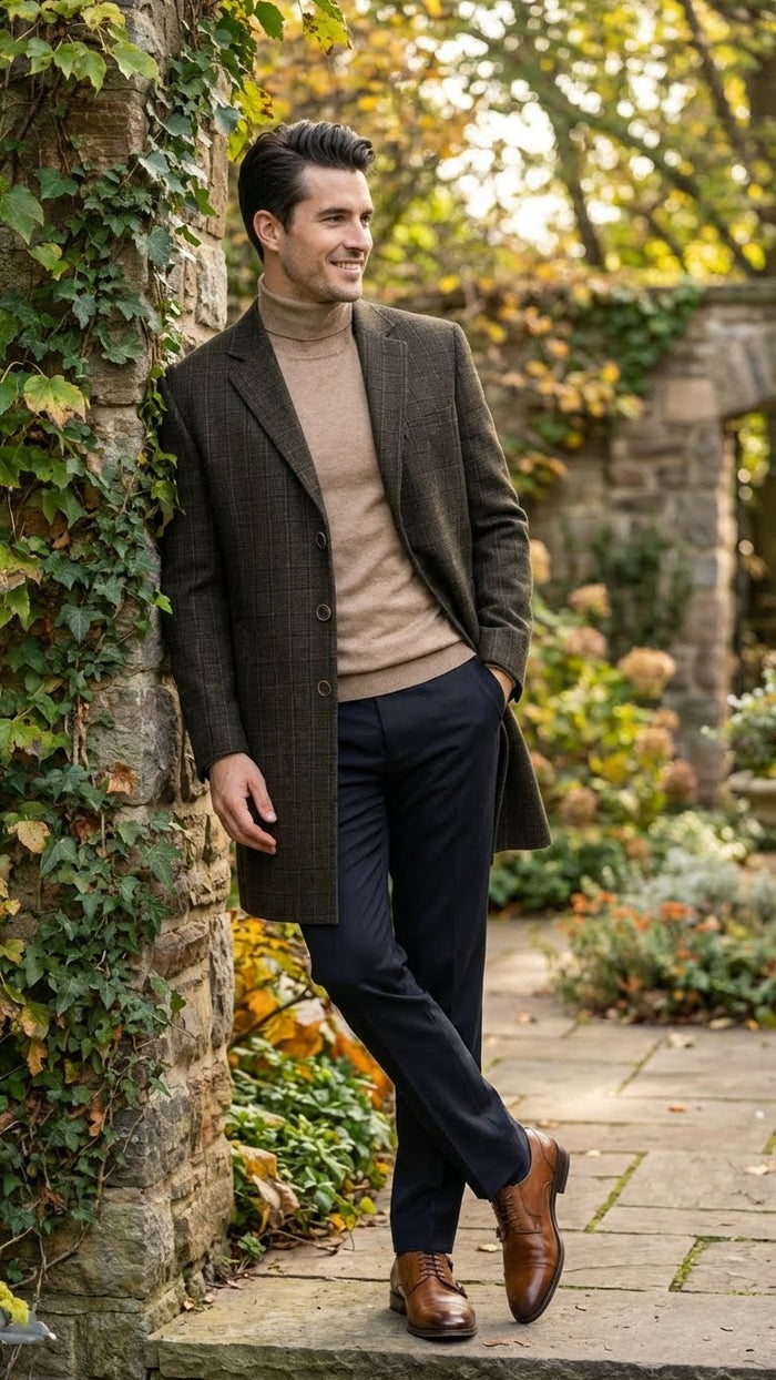 Mens Brown Checkered Wool Overcoat  Long Winter Coat with Classic Plaid Pattern By Statement